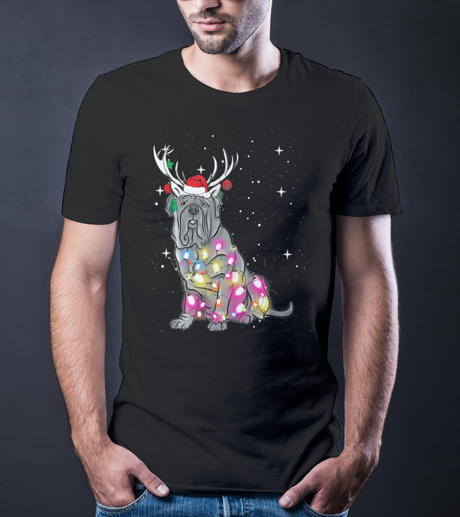 Neapolitan Mastiff With Christmas Lights And Santa Hat In Snowy Night T-Shirt