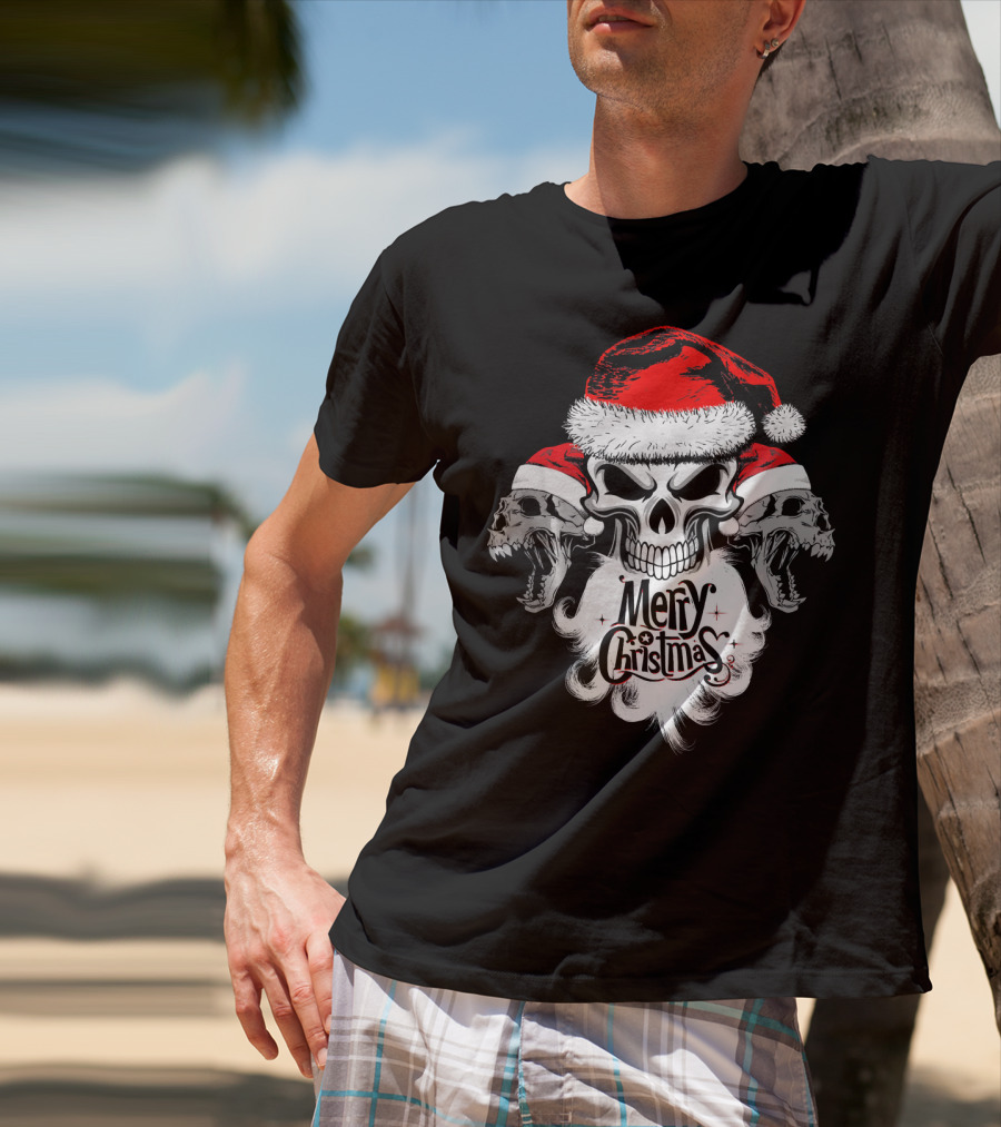 Merry Christmas Funny Skull Santa With Santa Hat And Beards T-Shirt