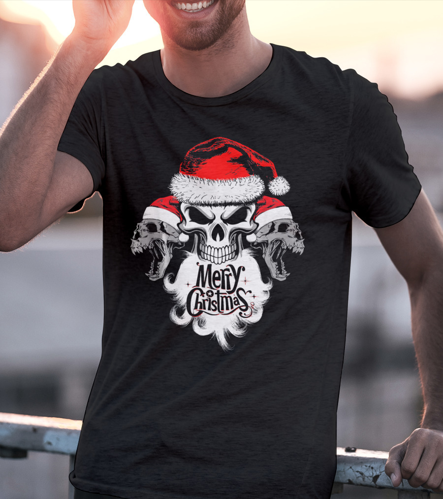 Merry Christmas Funny Skull Santa With Santa Hat And Beards T-Shirt