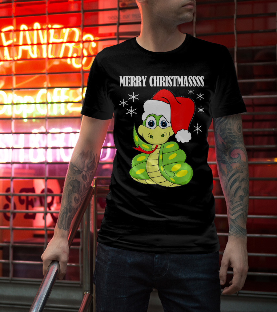 Merry Christmassss Snake Cute Snak Santa Hat Snowflakes T-Shirt