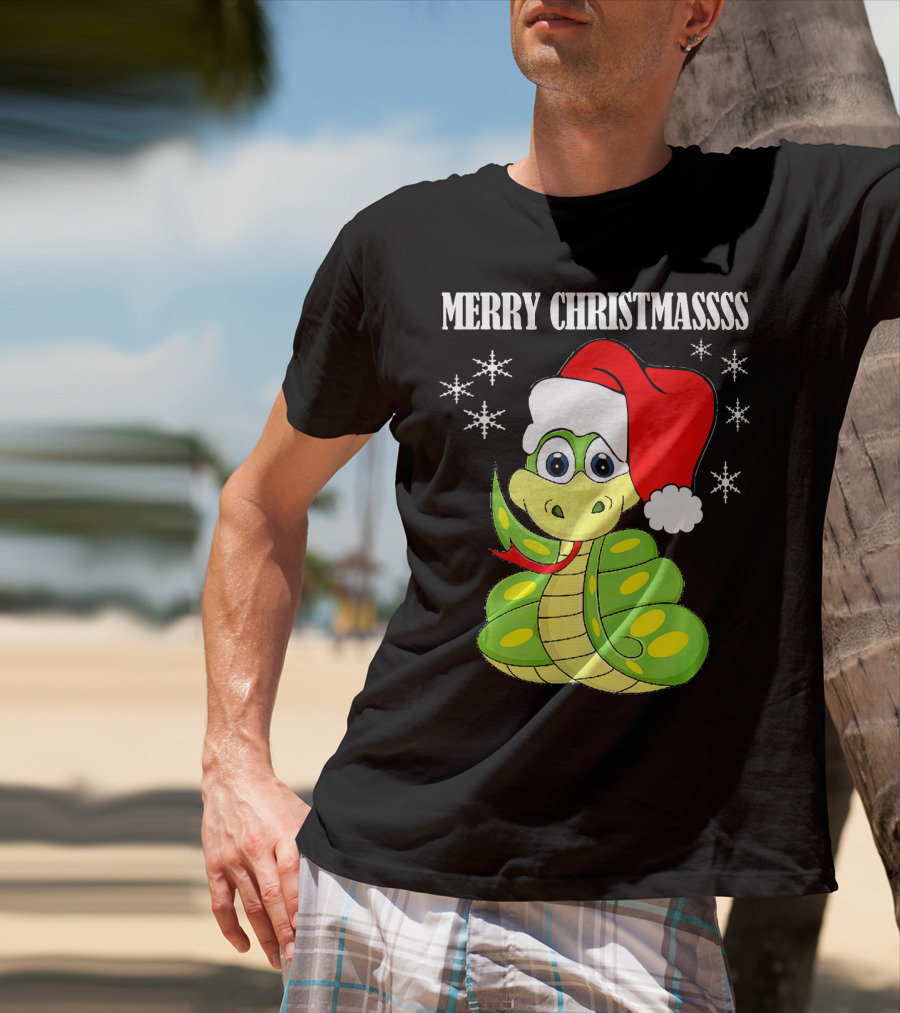 Merry Christmassss Snake Cute Snak Santa Hat Snowflakes T-Shirt