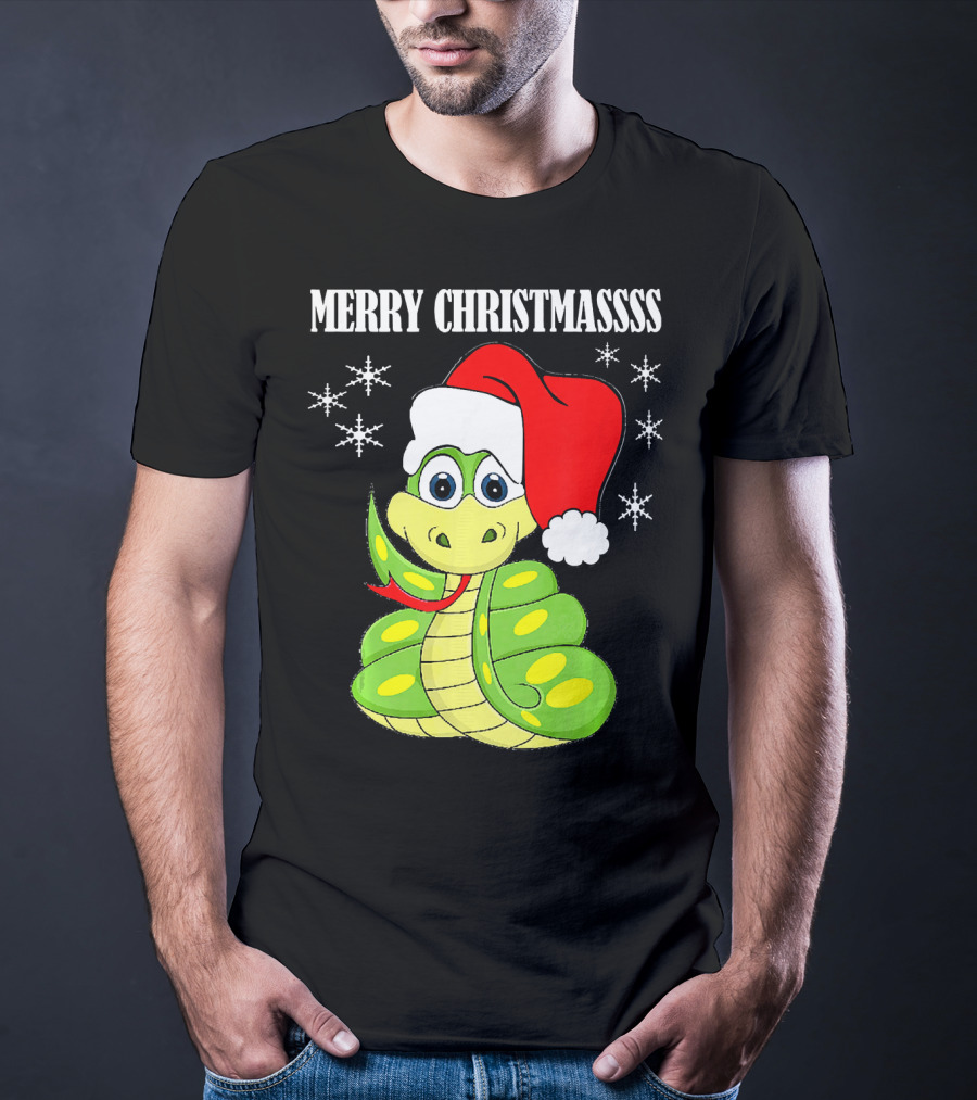 Merry Christmassss Snake Cute Snak Santa Hat Snowflakes T-Shirt