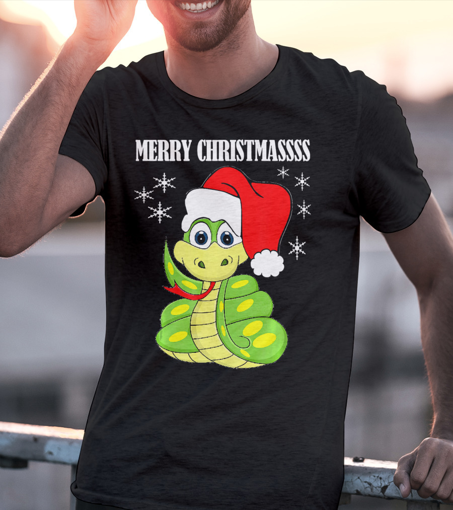 Merry Christmassss Snake Cute Snak Santa Hat Snowflakes T-Shirt