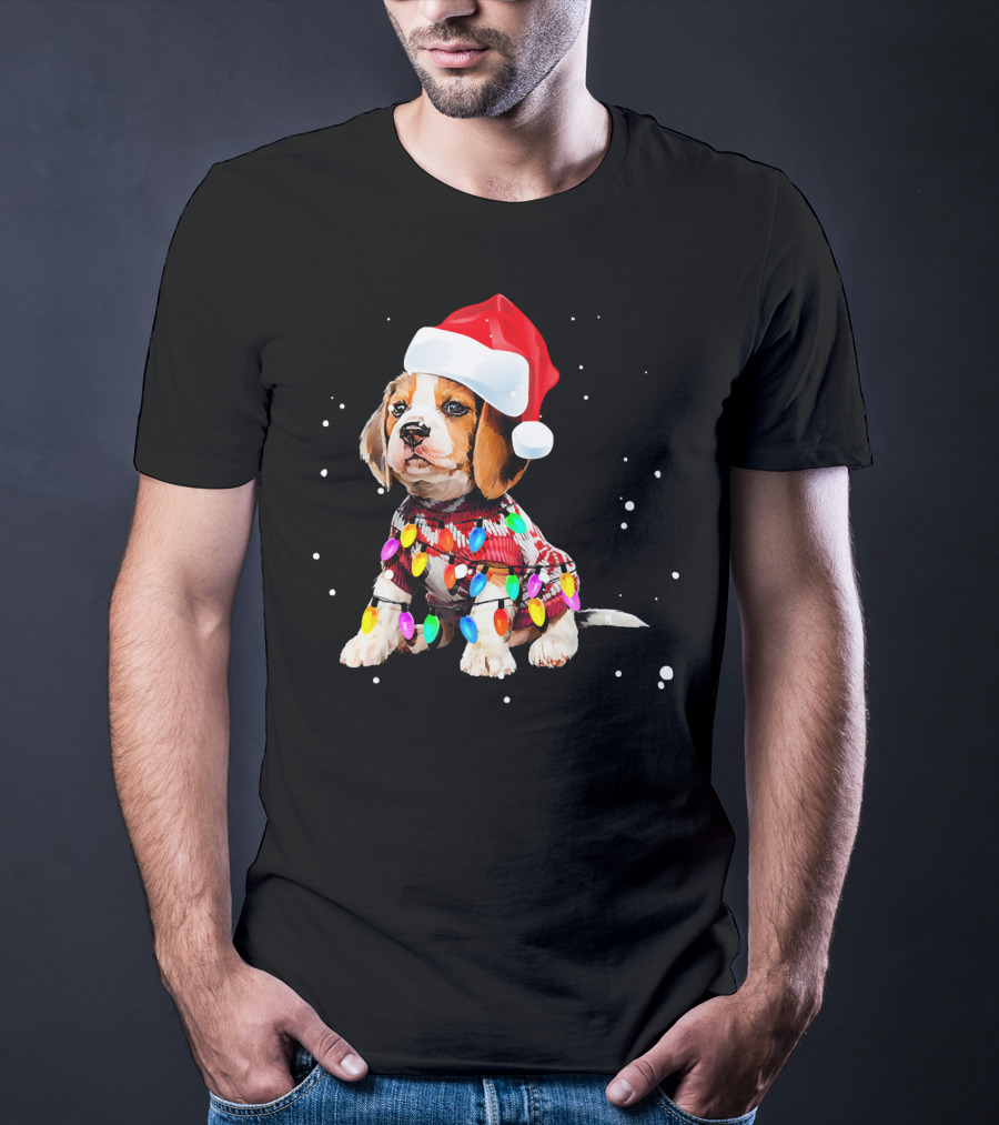 Santa Hat Beagle Wrapped In Christmas Lights T-Shirt