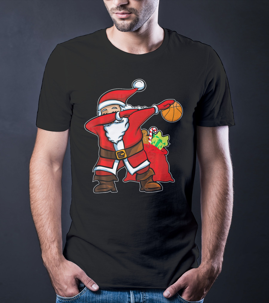 Christmas Dabbing Santa Holding Basketball With Gifts T-Shirt