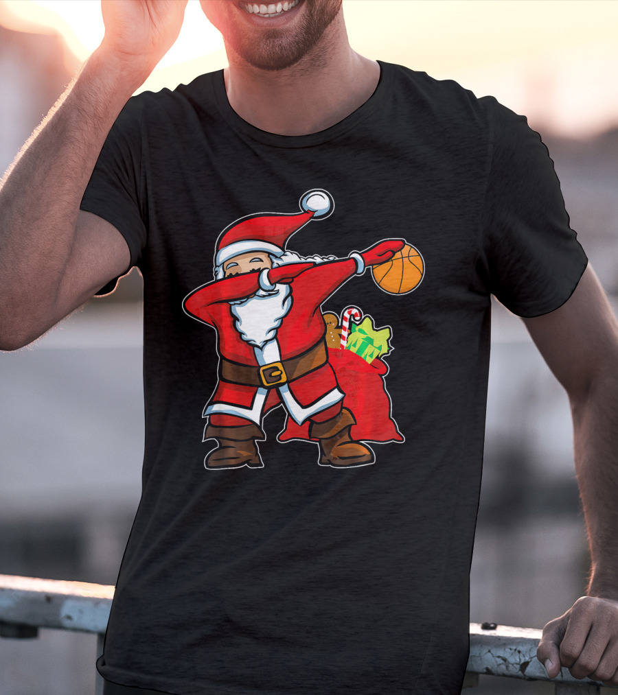 Christmas Dabbing Santa Holding Basketball With Gifts T-Shirt