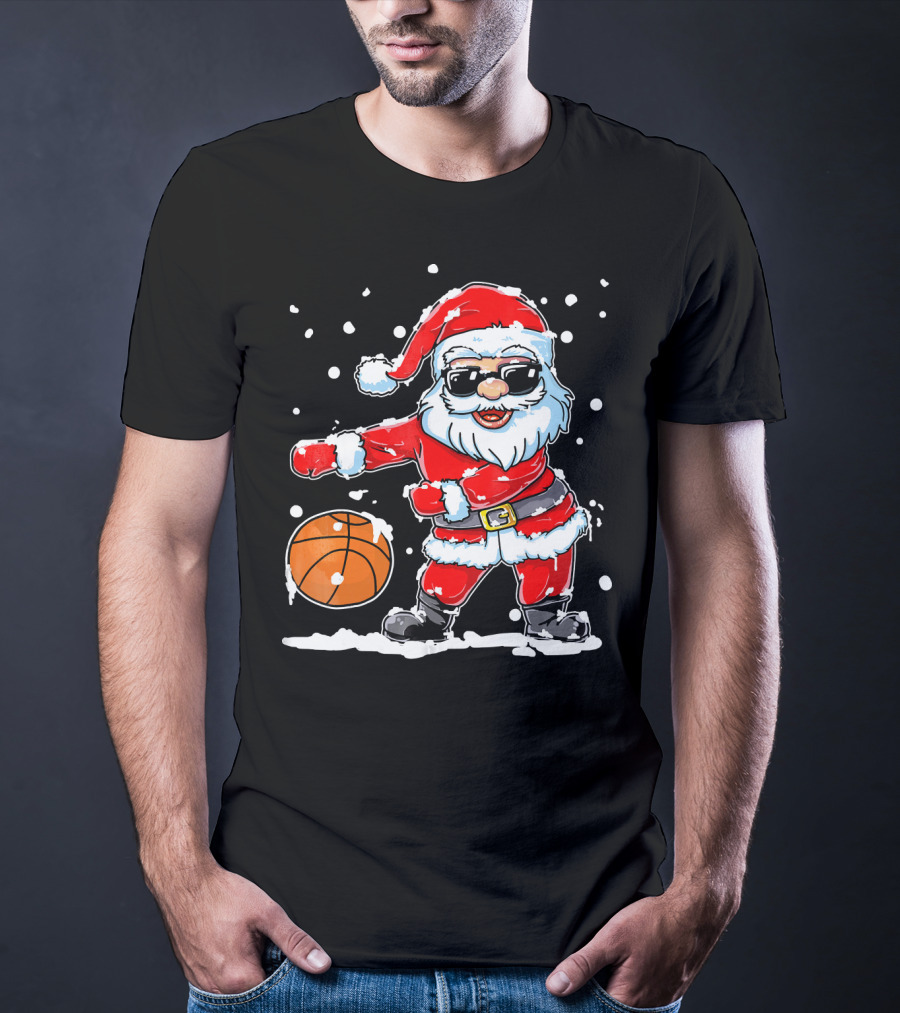 Santa Flossing With Basketball In Snowy Christmas Scene T-Shirt