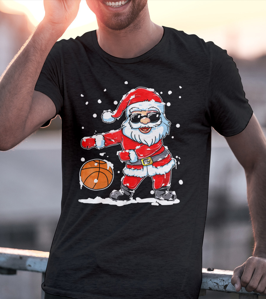 Santa Flossing With Basketball In Snowy Christmas Scene T-Shirt