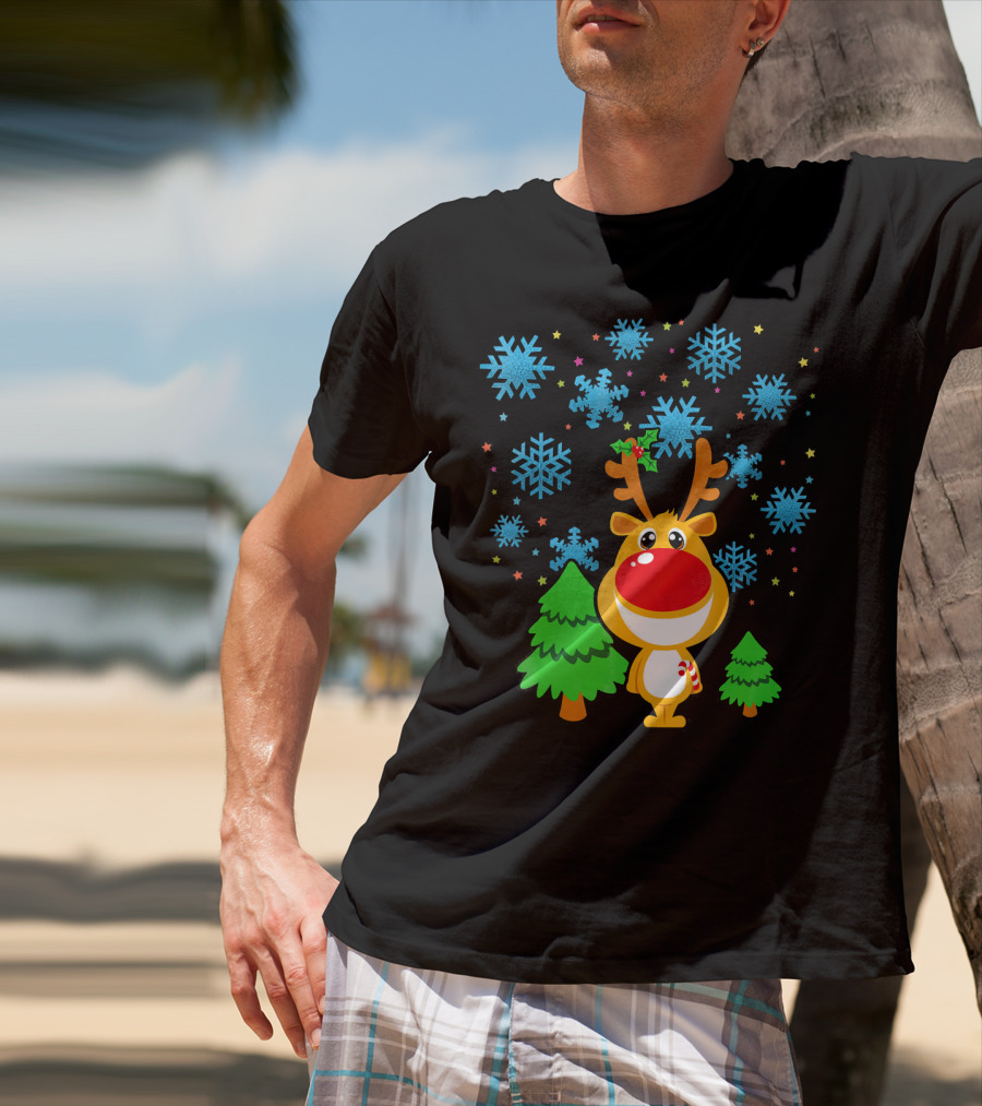 Christmas Reindeer With Snowflakes And Trees Family Matching T-Shirt