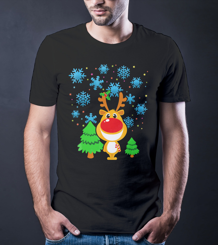 Christmas Reindeer With Snowflakes And Trees Family Matching T-Shirt