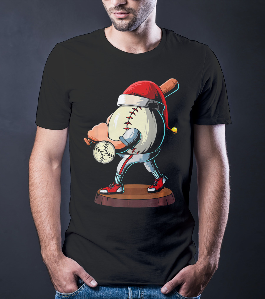 Christmas Baseball Batter Santa With Red Shoes And Bat T-Shirt