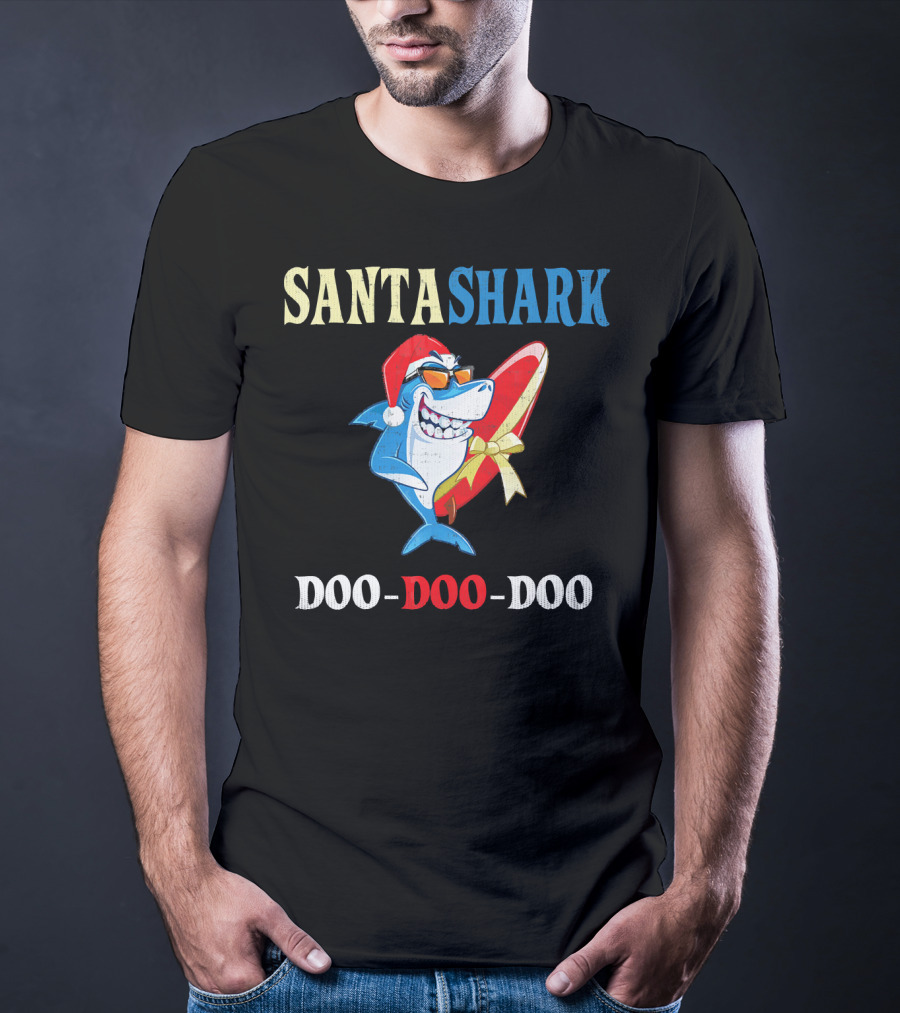 Santa Shark Doo-Doo-Doo Surfboard Christmas T-Shirt