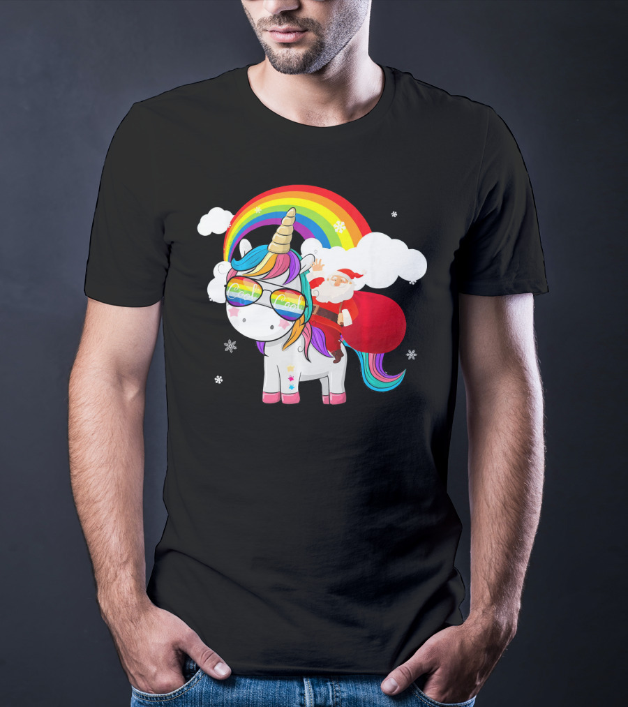 Cool Santa Riding Unicorn Rainbow Christmas Cos T-Shirt