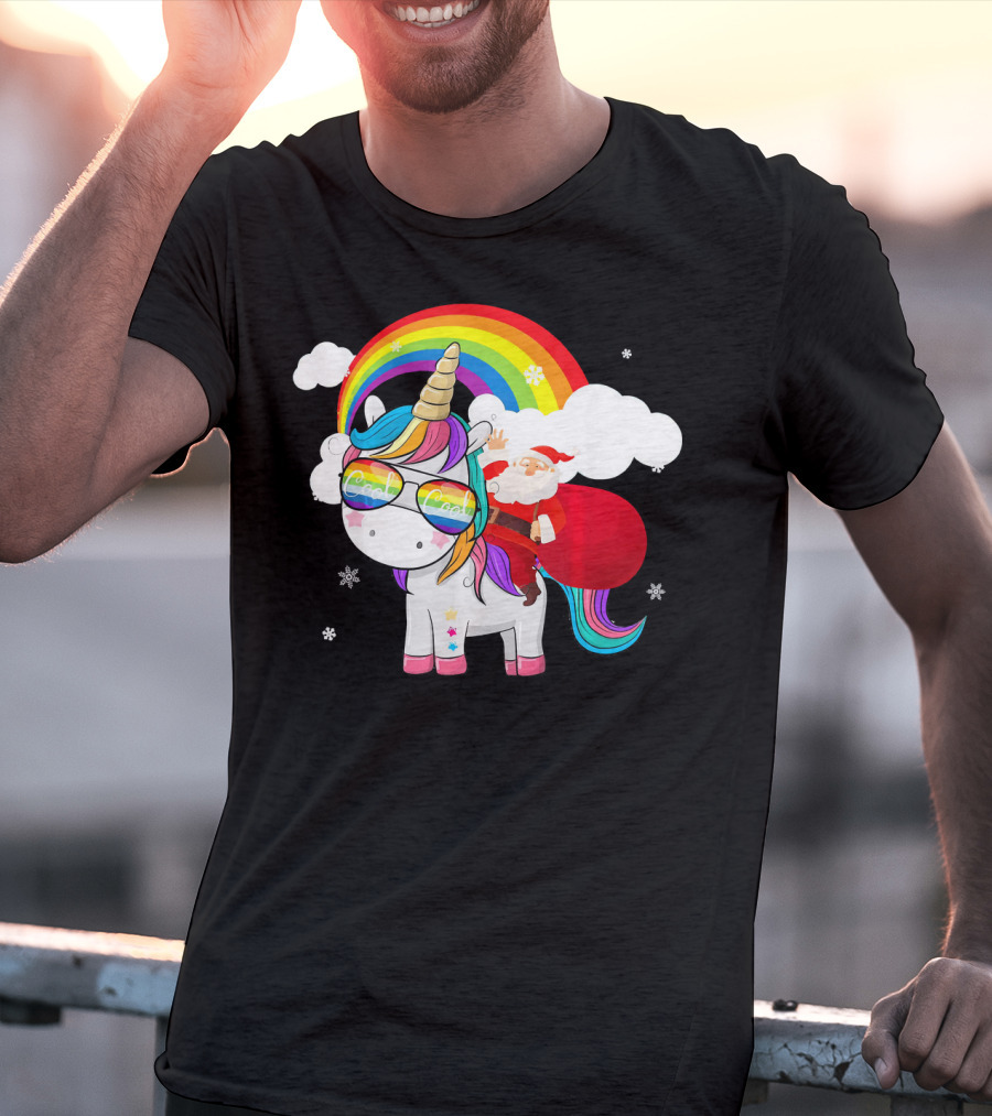 Cool Santa Riding Unicorn Rainbow Christmas Cos T-Shirt
