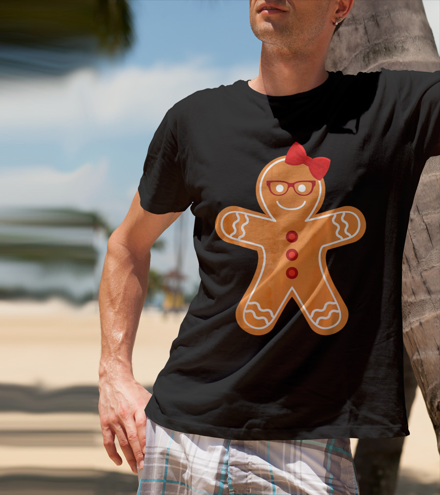 Gingerbread Girl Cookie With Glasses And Red Bow Christmas T-Shirt