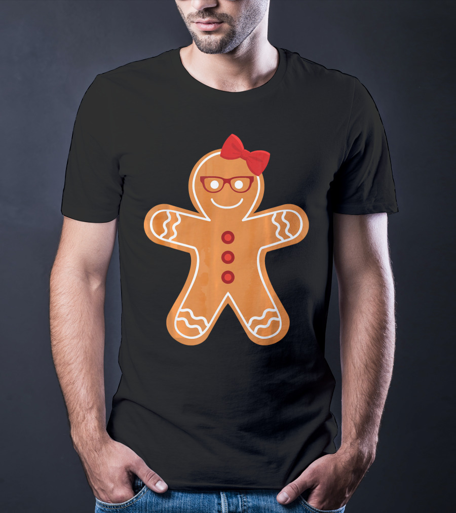 Gingerbread Girl Cookie With Glasses And Red Bow Christmas T-Shirt