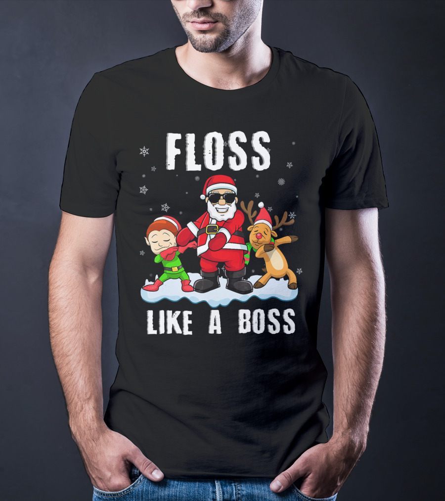 Floss Like A Boss Santa With Elf And Reindeer Dance Funny Christmas T-Shirt