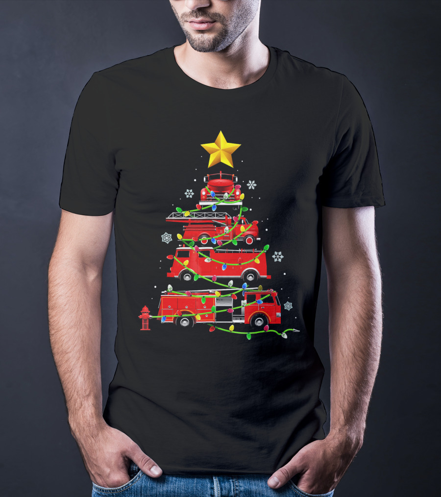 Firefighter Truck Holiday Lights Christmas Tree T-Shirt