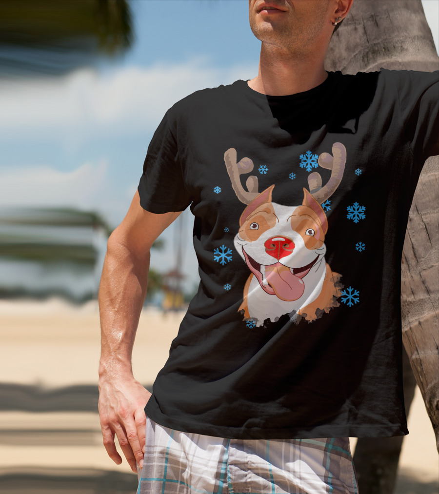 Funny Cutie Pit Bull Reindeer Antlers Snowflakes T-Shirt