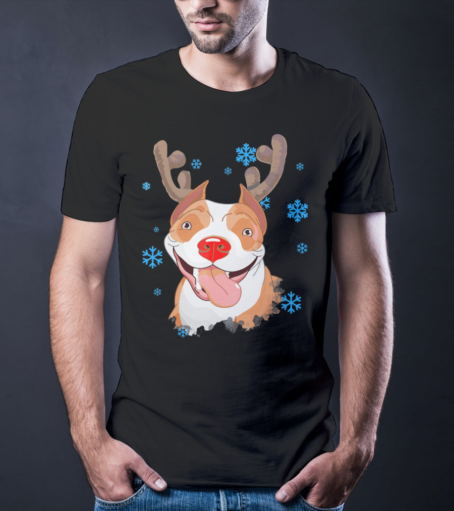 Funny Cutie Pit Bull Reindeer Antlers Snowflakes T-Shirt