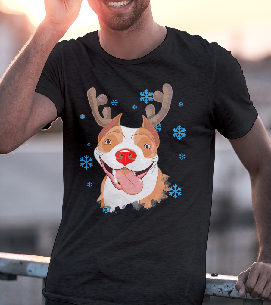 Funny Cutie Pit Bull Reindeer Antlers Snowflakes T-Shirt