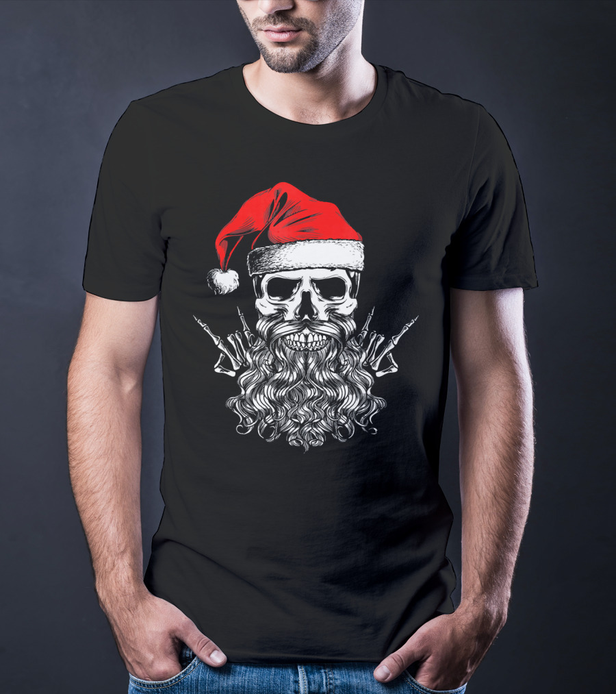 Hail Santa Heavy Metal Skull Red Santa Hat Skeleton Beard T-Shirt