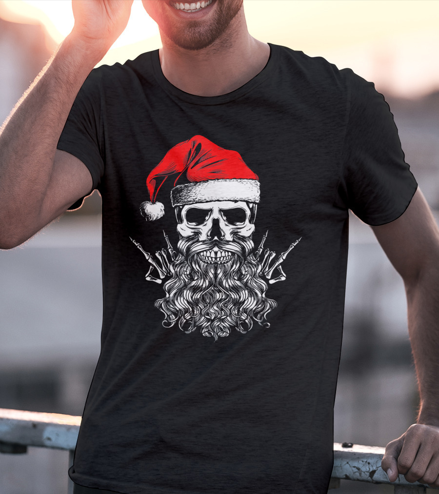 Hail Santa Heavy Metal Skull Red Santa Hat Skeleton Beard T-Shirt