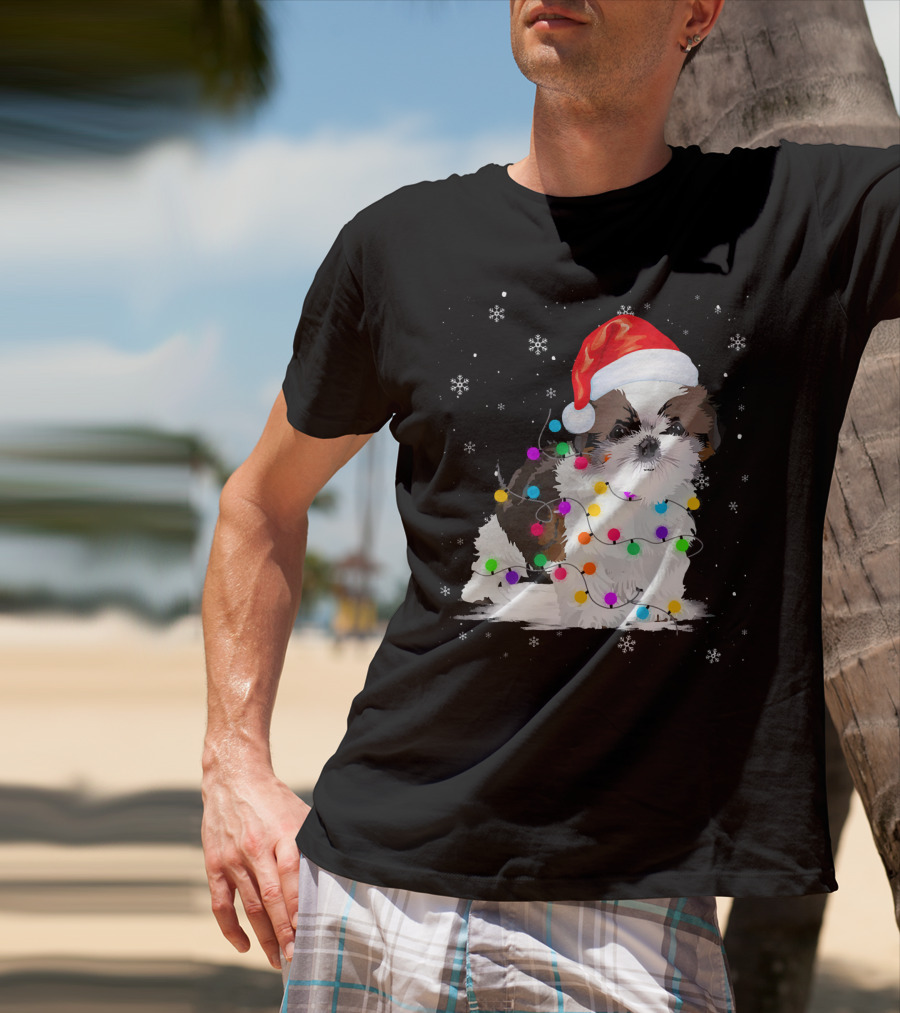Shih Tzu Santa Hat Christmas Lights Snowflakes T-Shirt