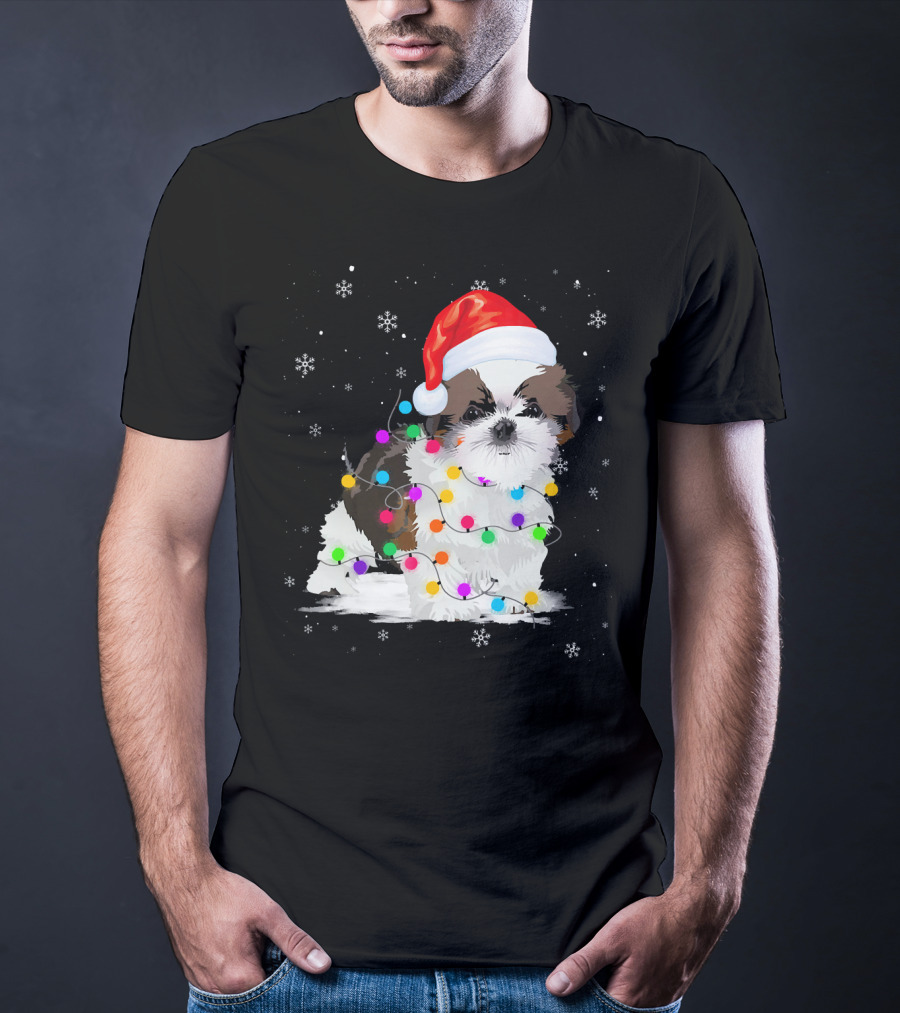 Shih Tzu Santa Hat Christmas Lights Snowflakes T-Shirt