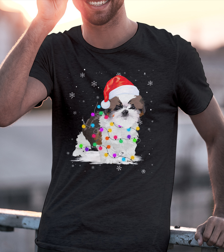 Shih Tzu Santa Hat Christmas Lights Snowflakes T-Shirt