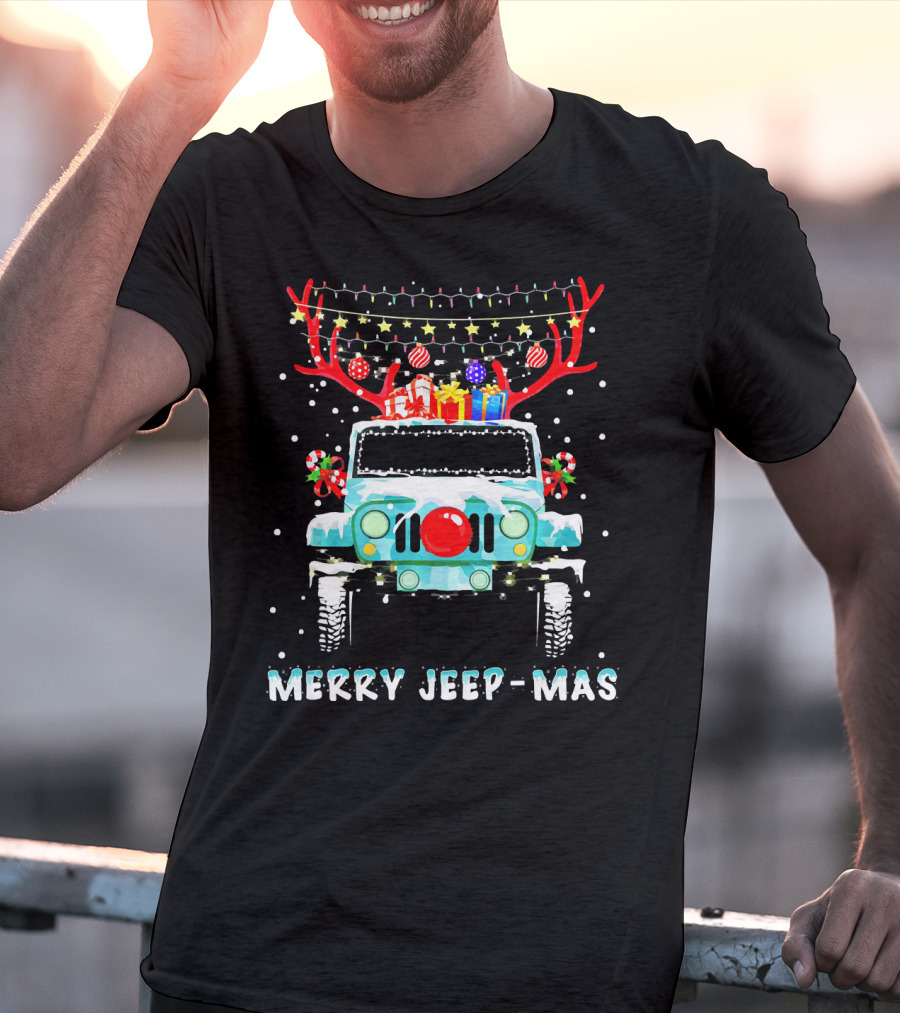 MERRY JEEP-MAS Reindeer Antlers Christmas Lights Jeep T-Shirt