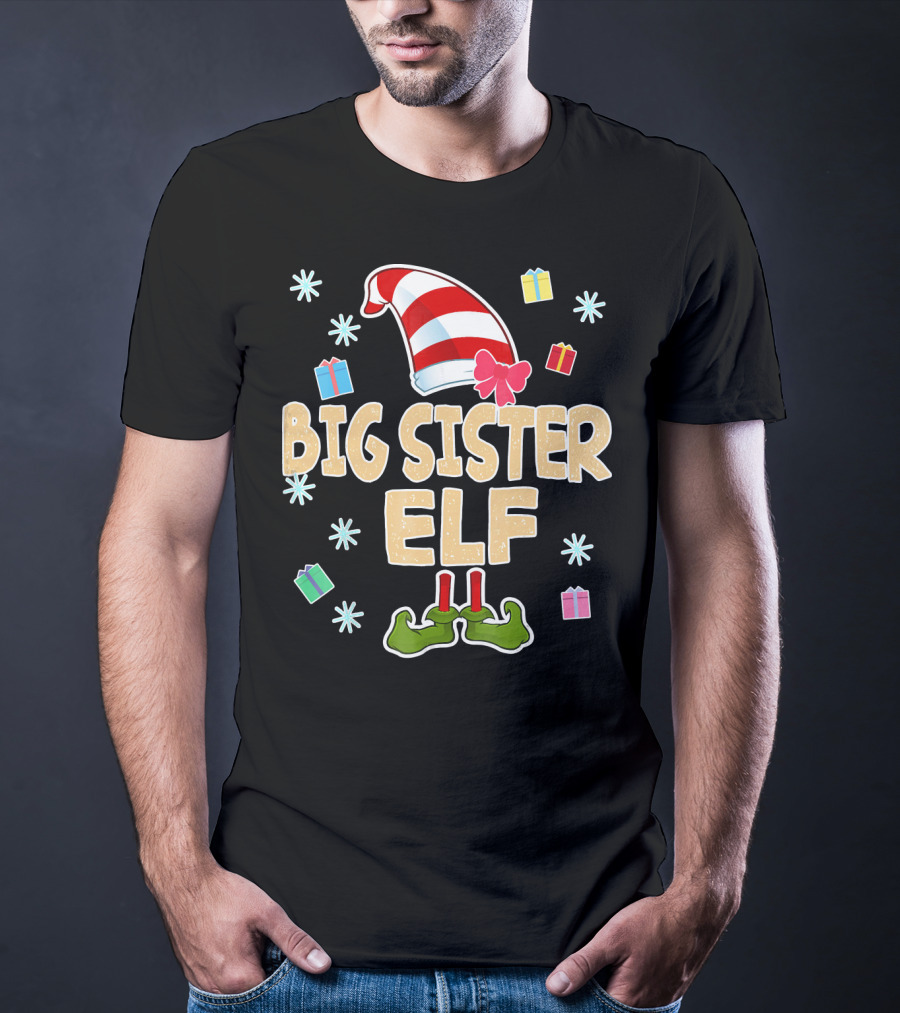 Big Sister Elf With Striped Hat And Gifts T-Shirt