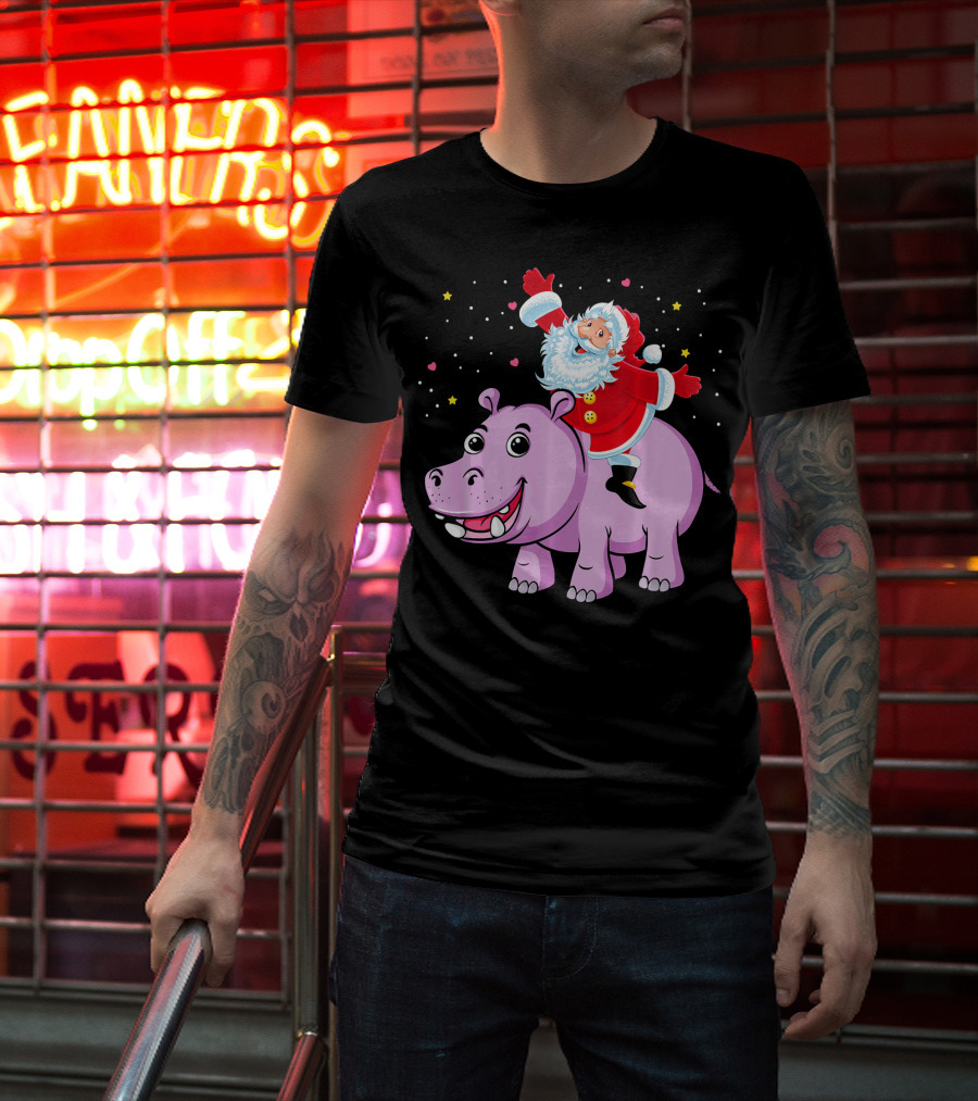 Santa Claus Riding A Happy Hippo Merry Christmas Stars T-Shirt