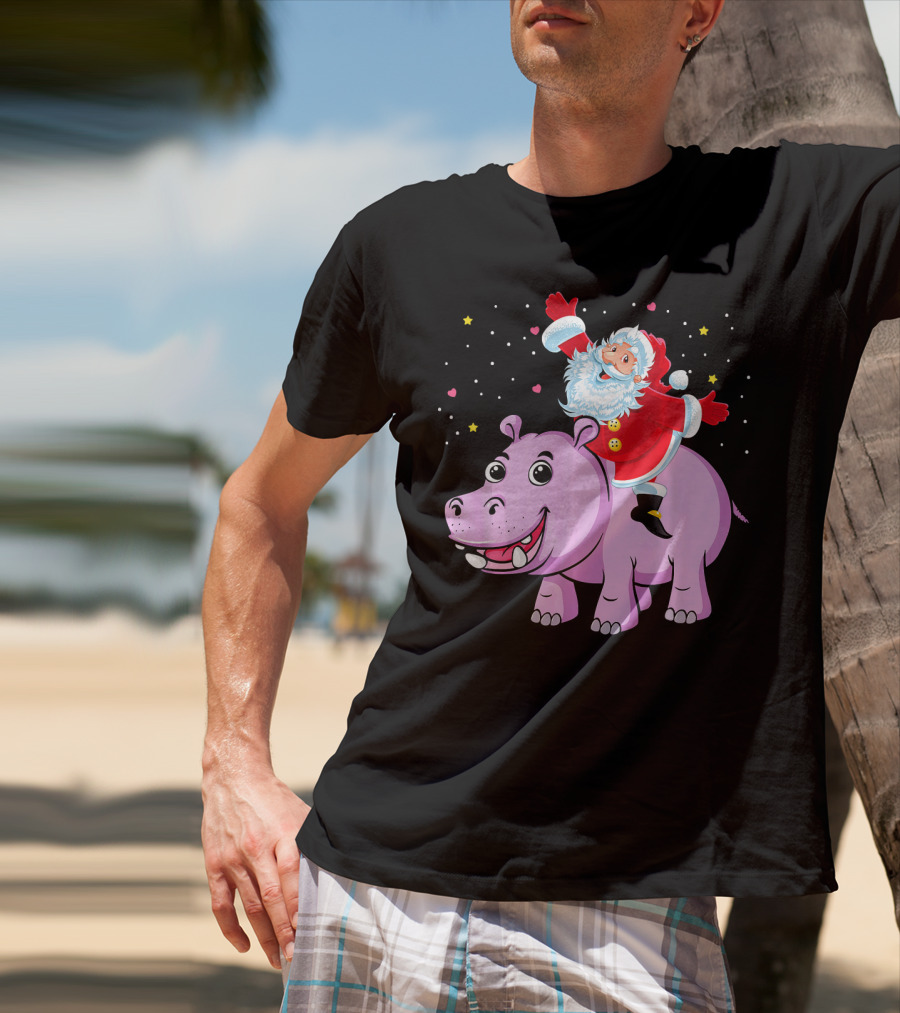 Santa Claus Riding A Happy Hippo Merry Christmas Stars T-Shirt