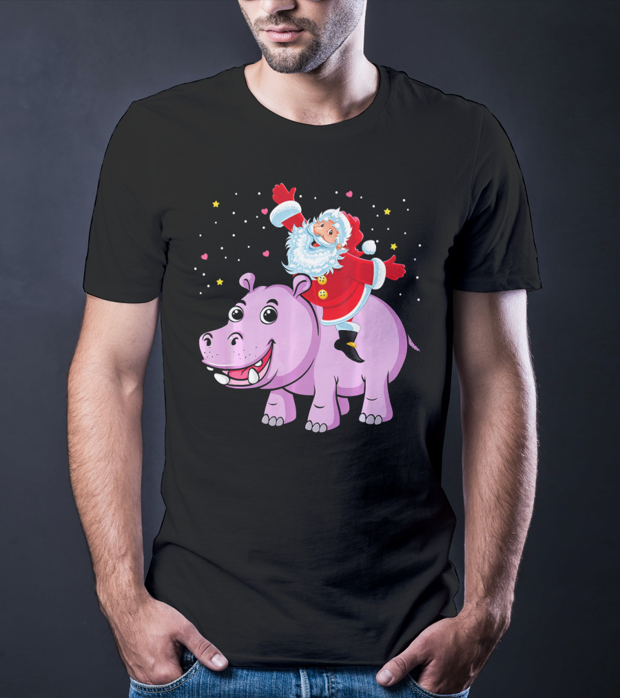 Santa Claus Riding A Happy Hippo Merry Christmas Stars T-Shirt
