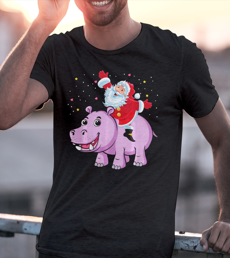 Santa Claus Riding A Happy Hippo Merry Christmas Stars T-Shirt