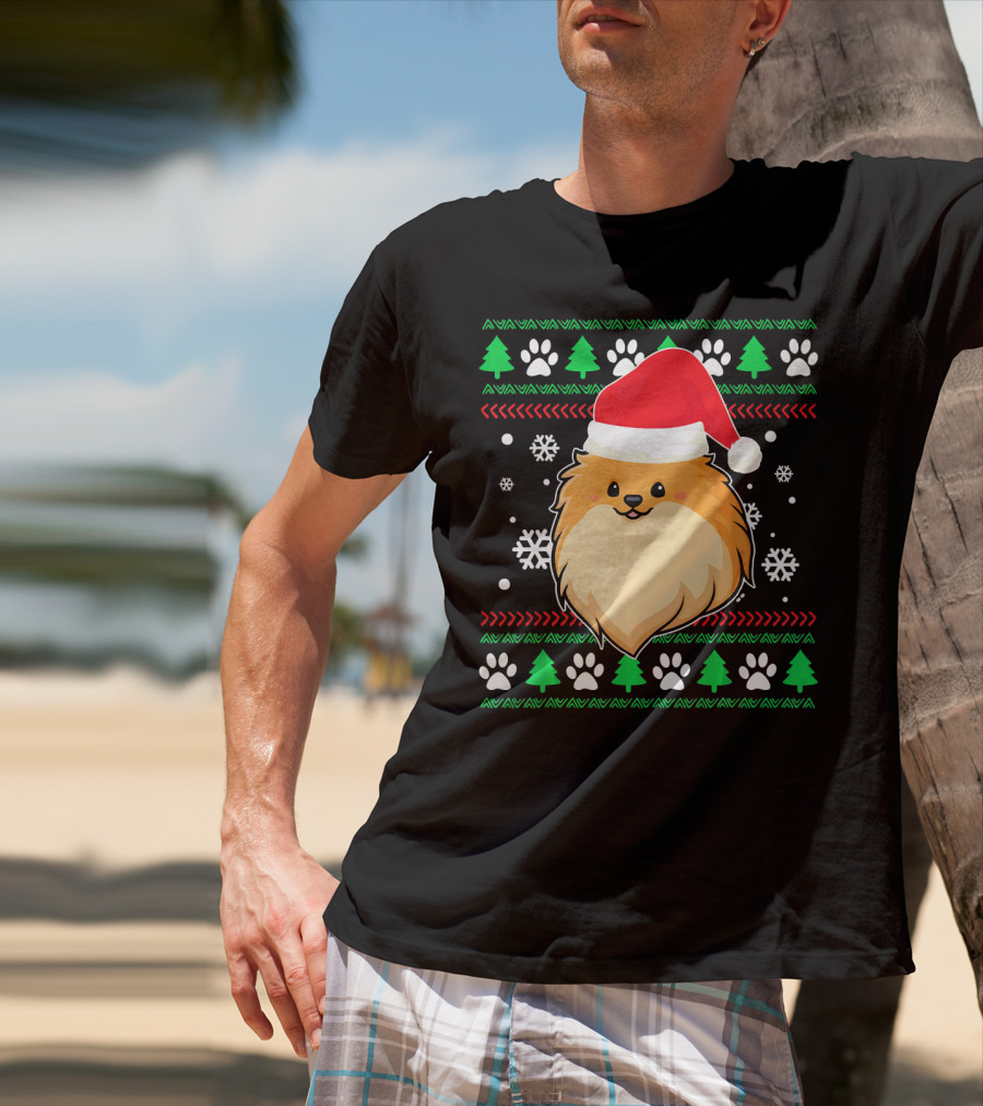 Pomeranian Santa Hat Ugly Christmas Sweater Snowflakes Trees Paws T-Shirt