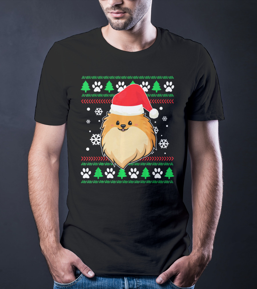 Pomeranian Santa Hat Ugly Christmas Sweater Snowflakes Trees Paws T-Shirt