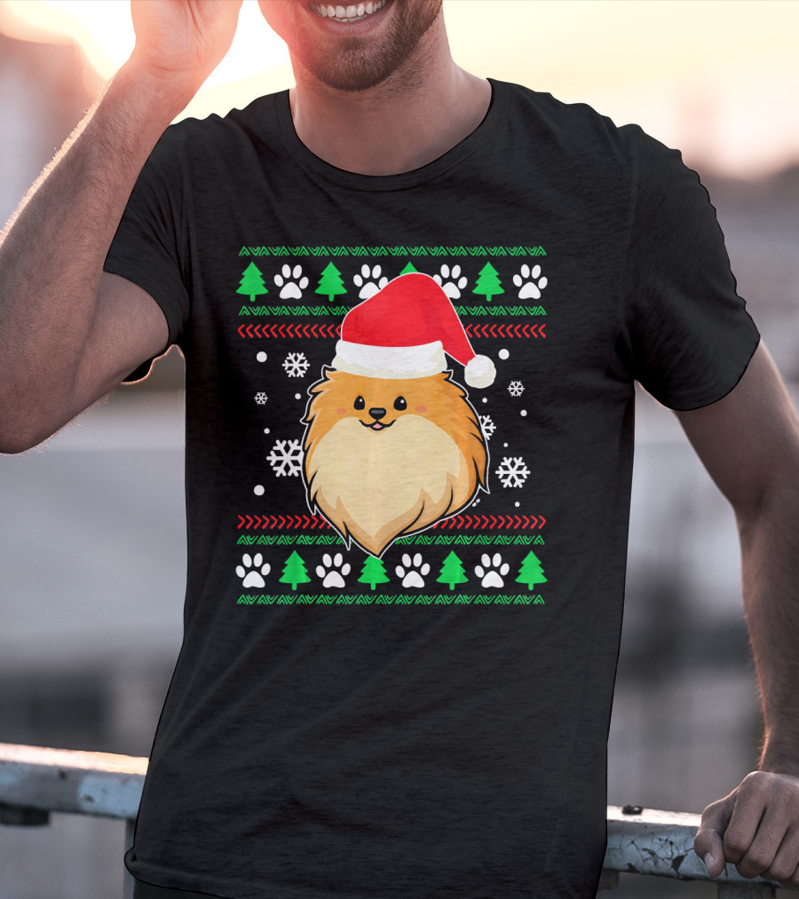 Pomeranian Santa Hat Ugly Christmas Sweater Snowflakes Trees Paws T-Shirt