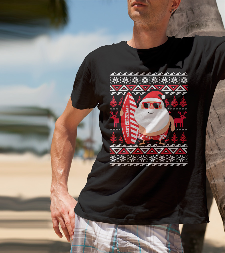 Surfing Santa Claus Merry Christmas Hawaii Red Reindeer Snowflakes T-Shirt