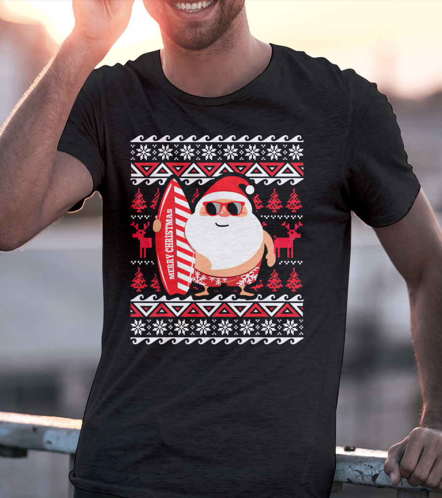 Surfing Santa Claus Merry Christmas Hawaii Red Reindeer Snowflakes T-Shirt