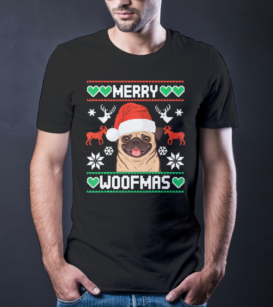 Merry Woofmas Christmas Xmas Santa Claus Dog Reindeer Pug In Santa Hat With Snowflakes And Green Hearts T-Shirt