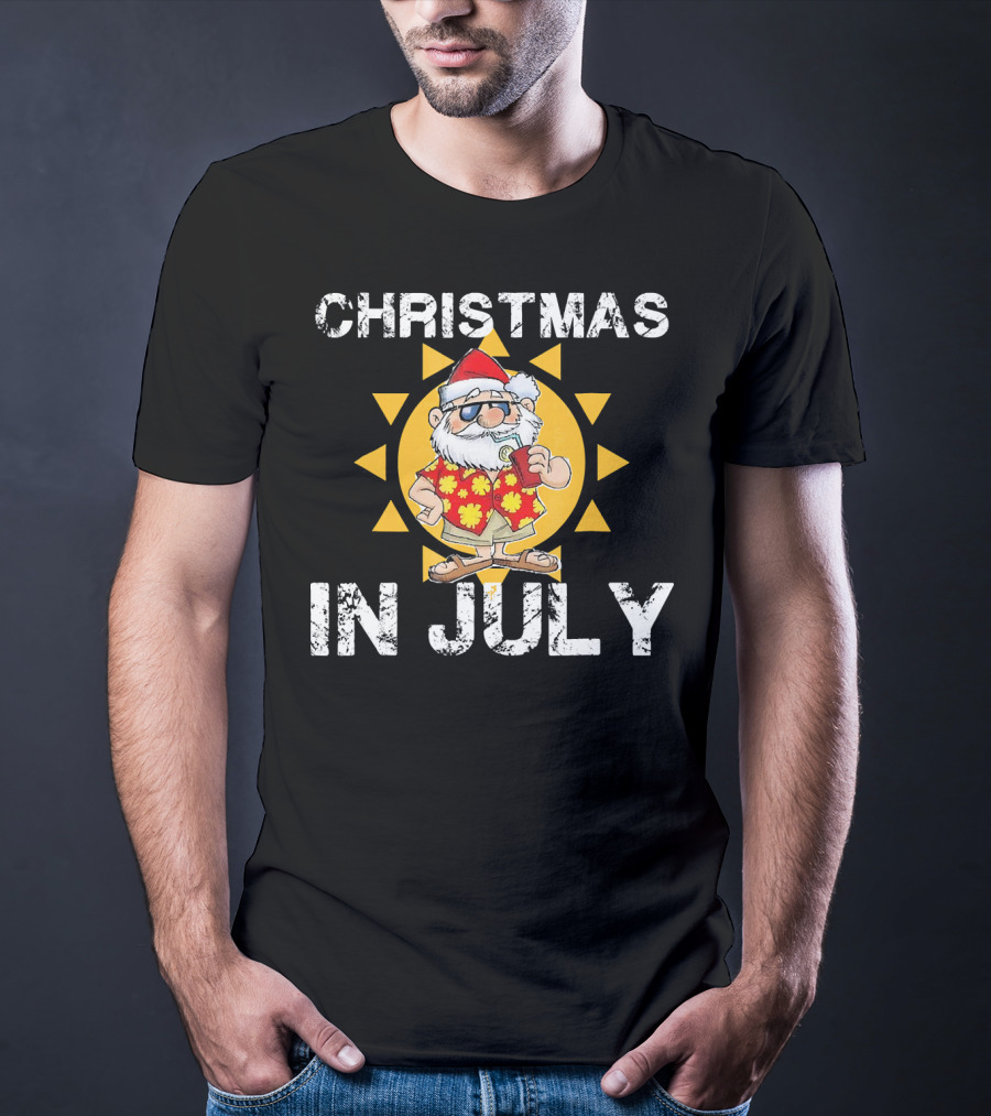 Christmas In July Funny Santa In Hawaiian Shirt With Sunglasses And Drink T-Shirt