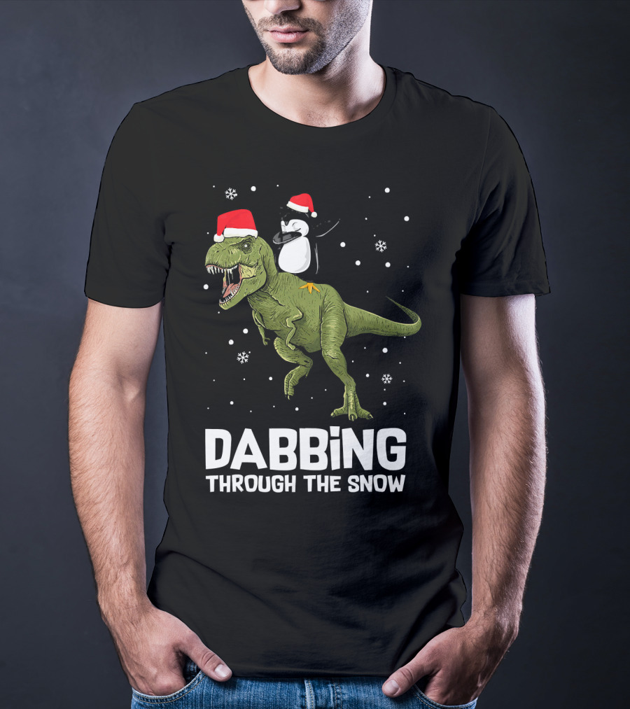Dabbing Through The Snow Penguin On Dinosaur Christmas T-Shirt