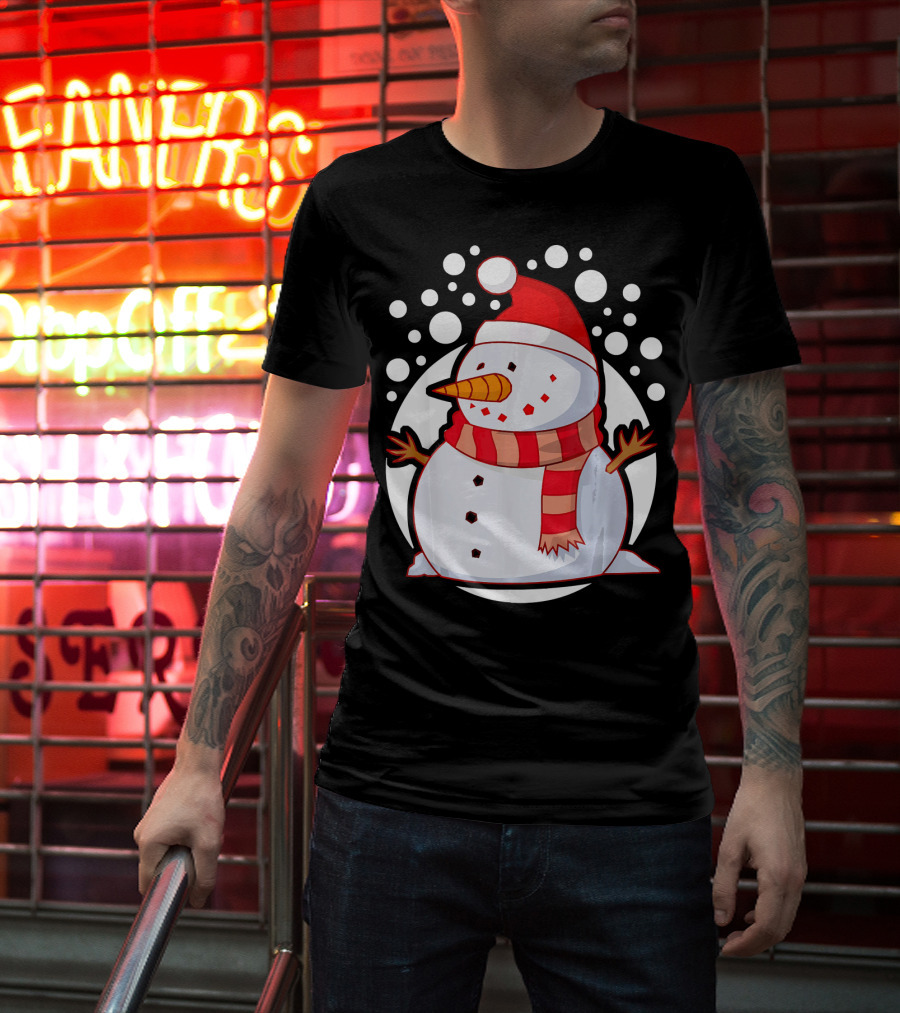 Winter Christmas Santa Snowman In Red Scarf And Hat T-Shirt