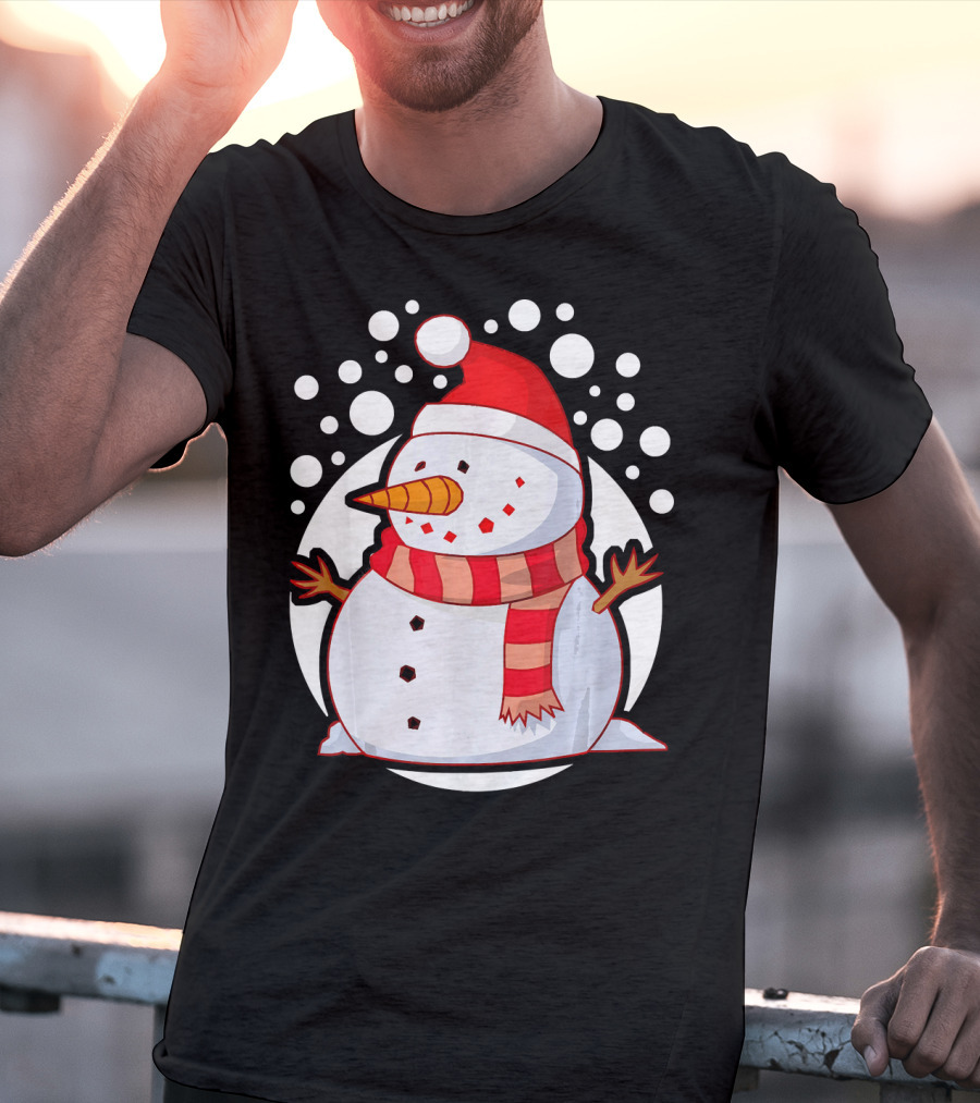 Winter Christmas Santa Snowman In Red Scarf And Hat T-Shirt