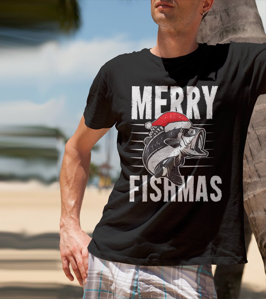 Merry Fishmas Funny Christmas Fishing Santa Hat Fish T-Shirt
