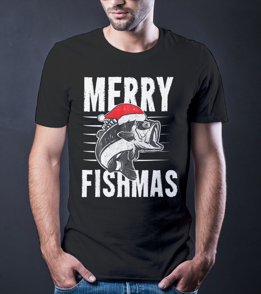 Merry Fishmas Funny Christmas Fishing Santa Hat Fish T-Shirt