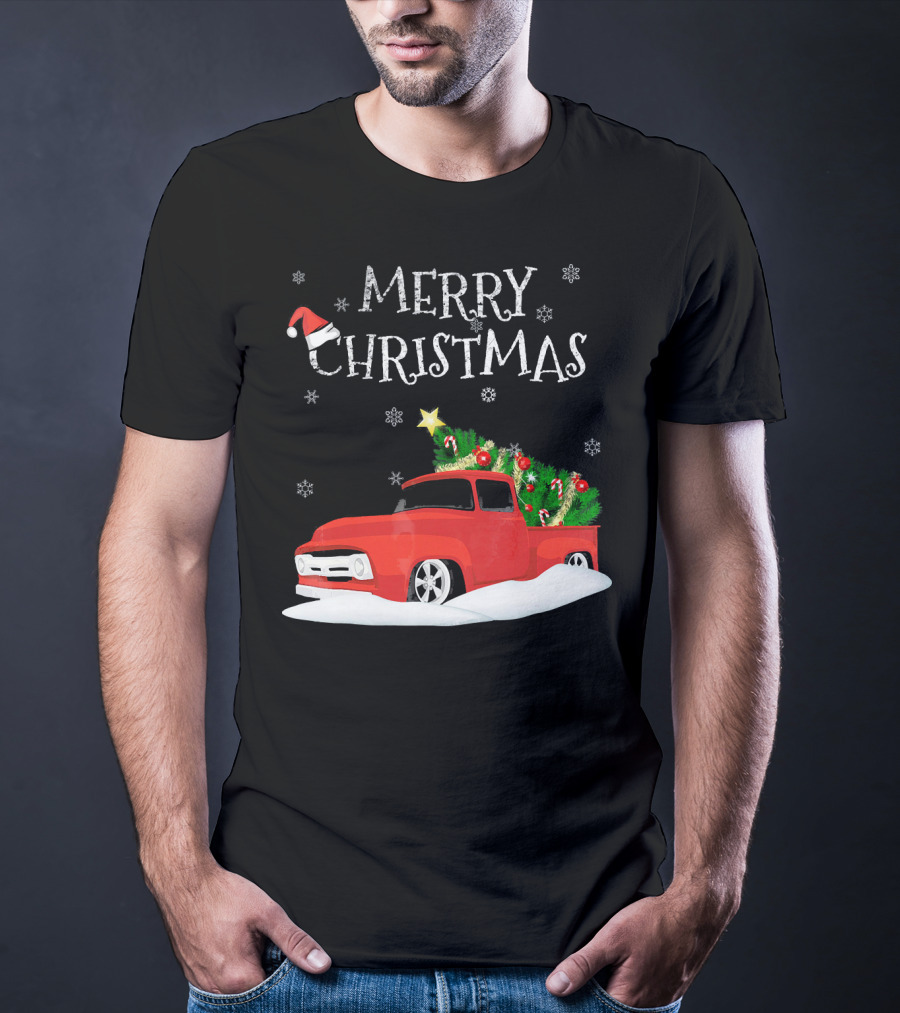 Merry Christmas Red Vintage Truck With Snow And Christmas Tree T-Shirt