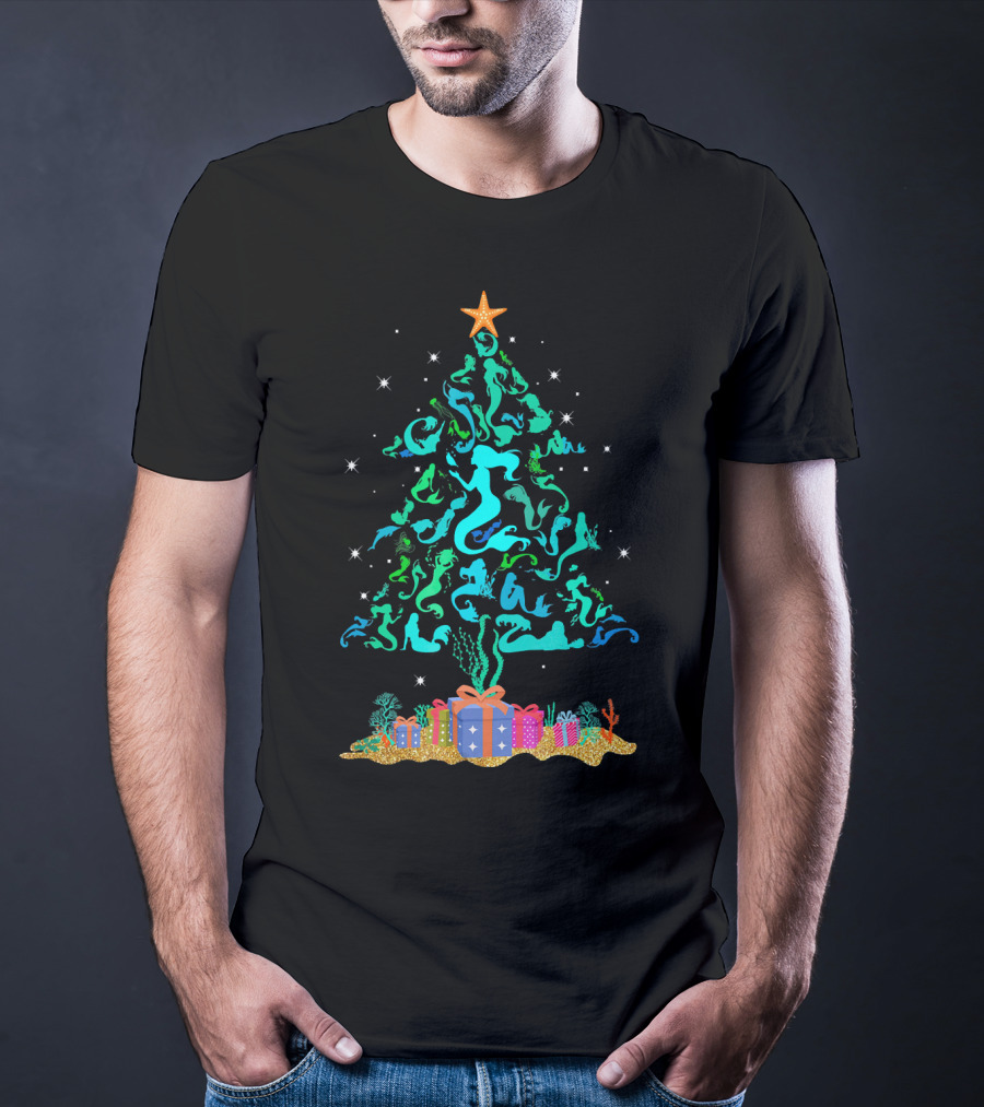 Mermaid Christmas Tree With Gifts And Star Topper T-Shirt